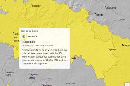 Mapa con el aviso amarillo de la Aemet por nieve en el norte de Soria desde la tarde del sábado.