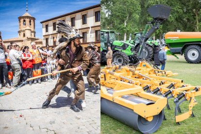A la izquierda, un zarrón en la plaza Mayor de Almazán y a la derecha, maquinaria agrícola en La Arboleda.
