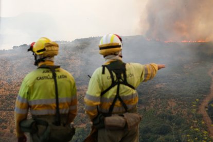 Archivo - Varios bomberos observan el incendio forestal, a 24 de agosto de 2025, en La Baña, Encinedo, La Cabrera, León, Castilla y León (España). 