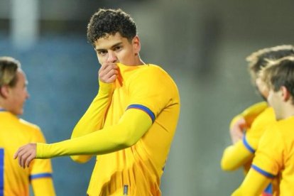 El numantino Olivera celebra su gol con la selección andorrana sub 21.