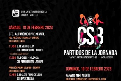 Cartel de los partidos de todos los equipos del Club Soria Baloncesto. Fin de semana 18 y 19 de febrero de 2023.