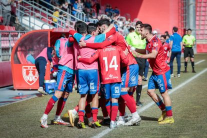 Alegría de los jugadores del Numancia tras uno de los goles anotados ante el Nástic. GONZALO MONTESEGURO