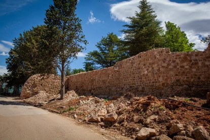 José Luis Corral y Fernando Cobos explican los hallazgos en la muralla junto al Castillo. MARIO TEJEDOR