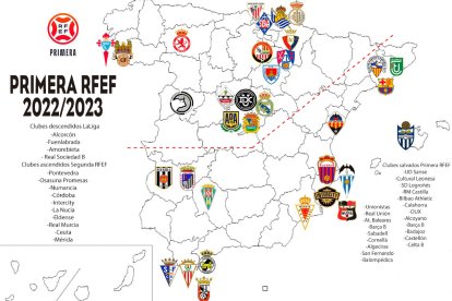 El mapa de la Primera RFEF dividido en Norte y Sur.