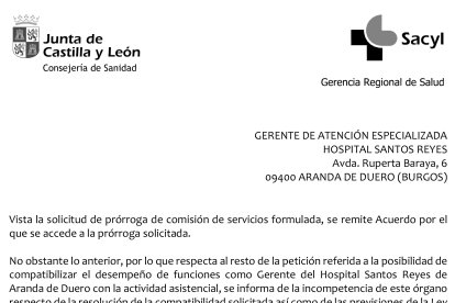 Oficio en el que la Consejería de Sanidad advierte de la incompatibilidad. E.M.