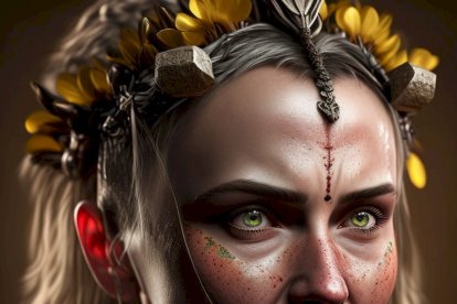 Una druida celtíbera según la IA. Por el color de pelo y ojos, más tirando a celta que a íbera.