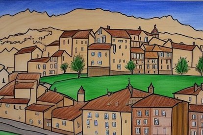 Así dibuja la inteligencia artificial a Soria capital si se le pide que lo haga desde el punto de vista de un niño. Creemos que 'colaría' en un concurso infantil de dibujo sin mucho problema.
