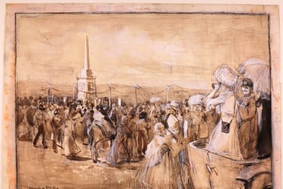 Fernando de Villodas, ´Fiesta junto al obelisco de Numancia´, Cartulina, aguada y carboncillo, 0,44 x 0,58 m, Soria, 24.08.1905 [Museo de la Real Academia de Bellas Artes de San Fernando, Madrid]