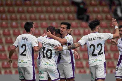 Los jugadores del Numancia celebrando el 0-1 logrado por Moha.