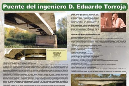 Panel explicativo del puente de Almarail, obra del ingeniero Eduardo Torroja Miret y una de las primeras estructuras españolas que aplicó técnicas de hormigón pretensado