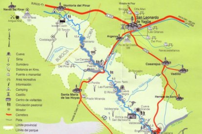 Mapa del Cañón del Río Lobos que muestra los principales accesos desde Ucero, Hontoria del Pinar y el Puente de los Siete Ojos, junto a rutas y enclaves clave del parque