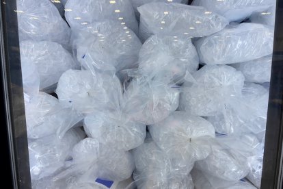Bolsas de plástico llenas de cubitos de hielo a la venta dentro de un enfriador comercial