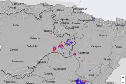 Mapa de rayos de la Aemet a las 20.00 horas del jueves, con varios impactos en la provincia de Soria.