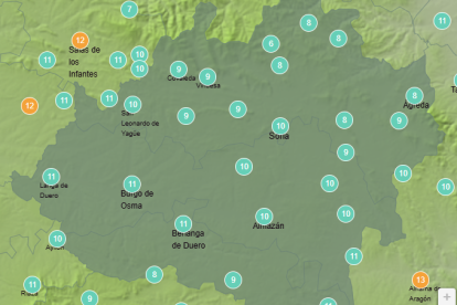 Captura de pantalla del mapa de predicción de la Aemet en la franja horaria de las 14 horas.