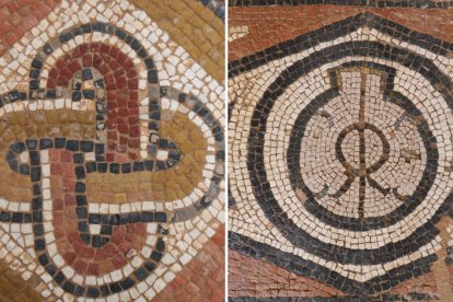 Dos detalles de mosaicos con motivos geométricos realizados con teselas de distintos colores.