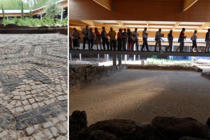 Vista de un pavimento de mosaico y visitantes sobre una pasarela del yacimiento.