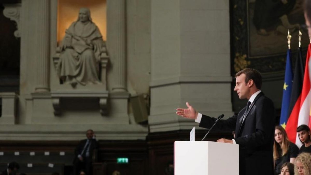 El presidente francés Emmanuel Macron, durante su discurso en la Universidad de La Sorbona, en París-AFP / LUDOVIC MARIN