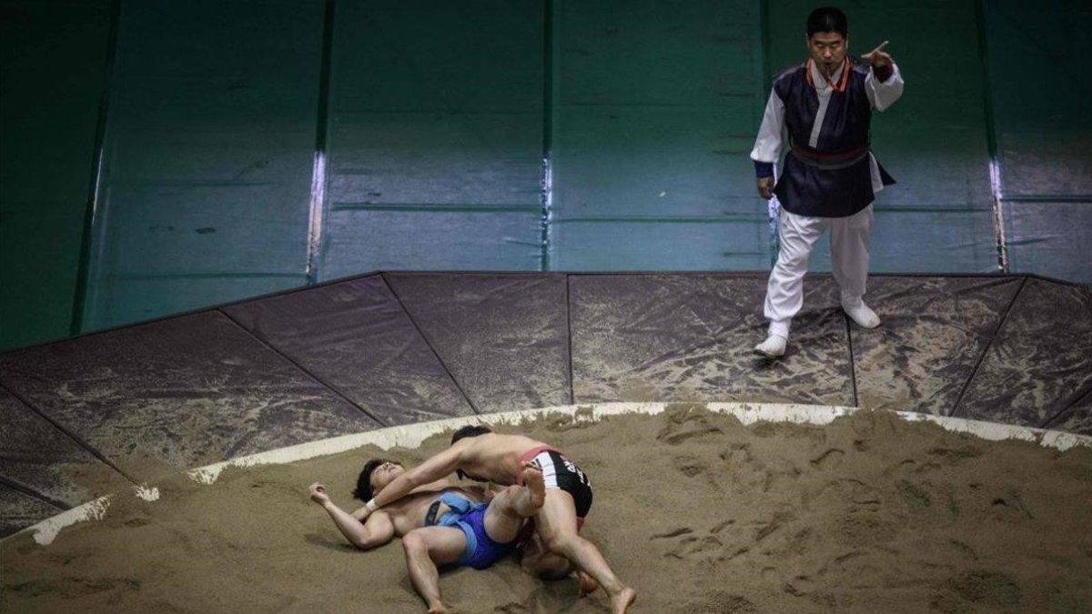 Dos combatientes de ssireum, la lucha tradicional coreana.-AFP