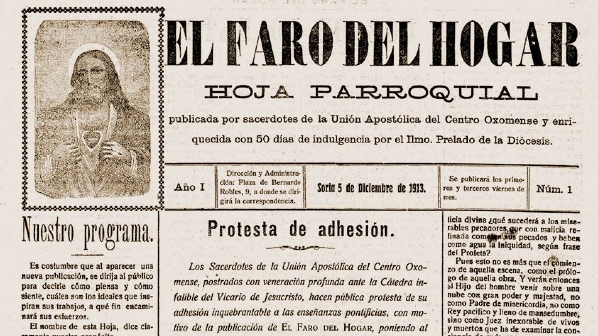 Cabecera de la primera edición de EL FARO DE HOGAR, el 'tatarabuelo' de HERALDO-DIARIO DE SORIA. HDS
