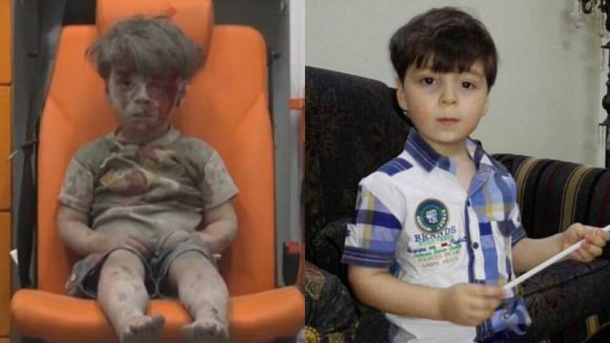 Omran Daqneesh, a la izquierda, el pasado agosto, tras un bombardeo en Alepo, y, a la derecha, en la actualidad.-