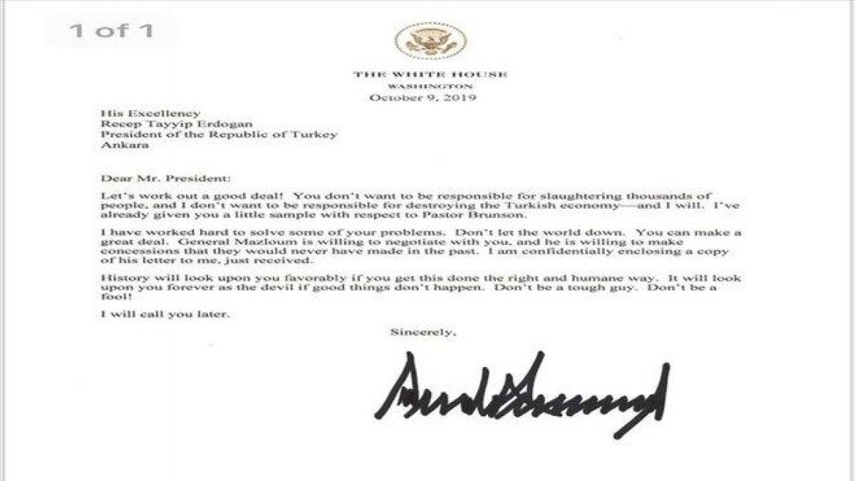 Carta que le mandó Donald Trump a Recep Tayyip Erdogan.-AFP