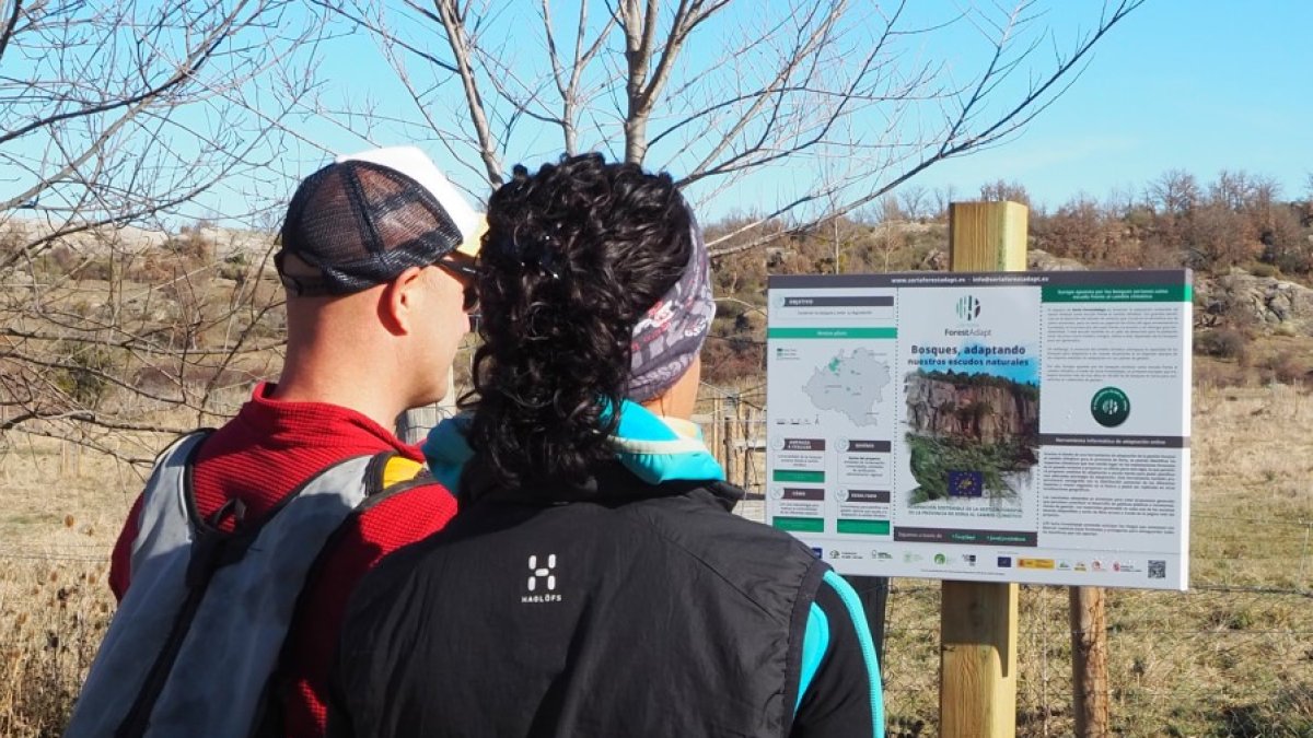 Dos personas observan un panel informativo en un monte de Soria. HDS