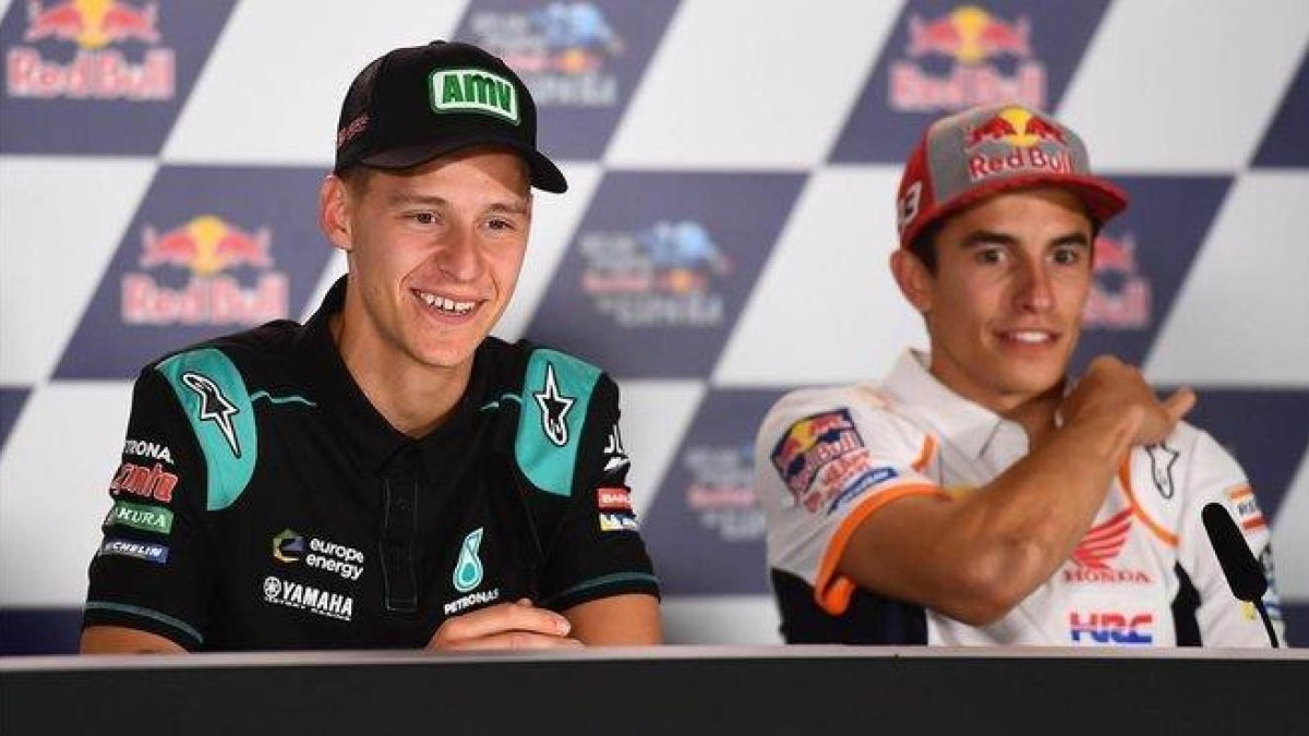 Fabio Quartararo (Yamaha) y Marc Márquez (Honda), en la conferencia de prensa de Catar.-PETRONAS YAMAHA MEDIA