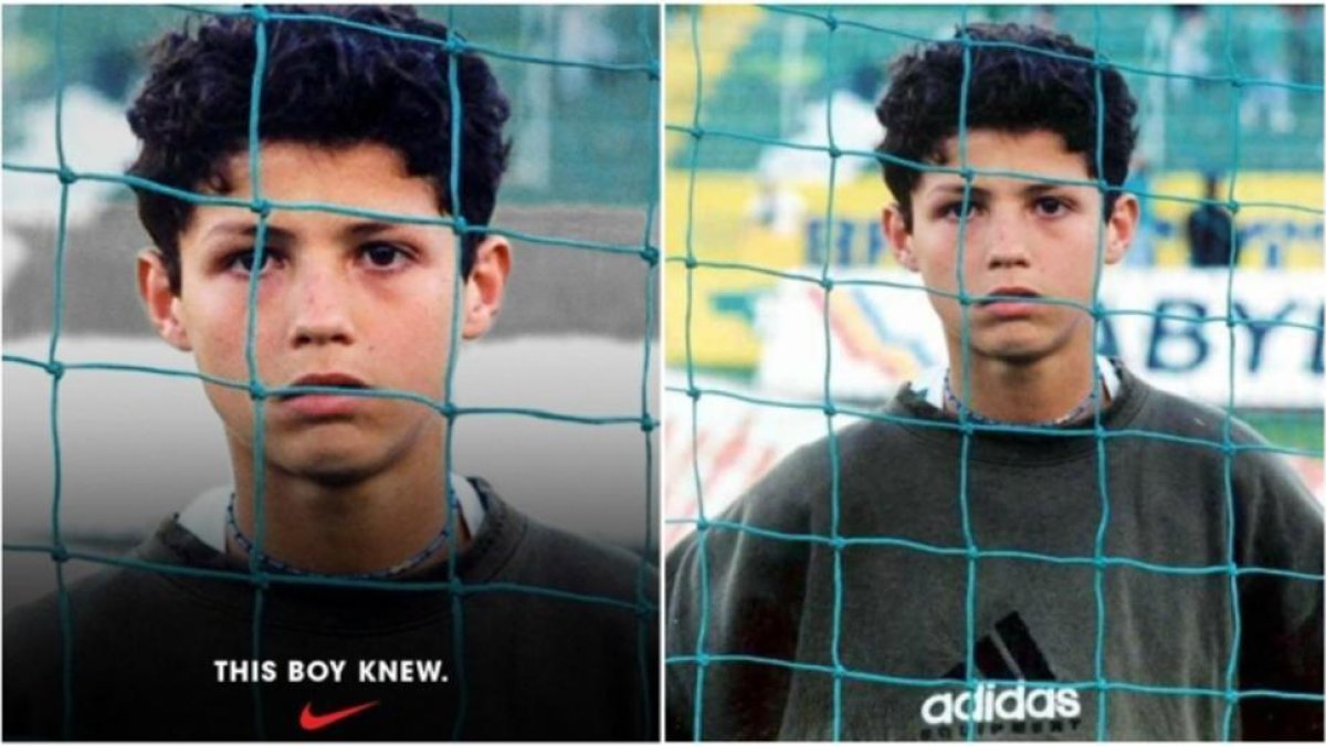 La campaña de Nike se basa en una foto de un joven Cristiano Ronaldo con una sudadera de Adidas-