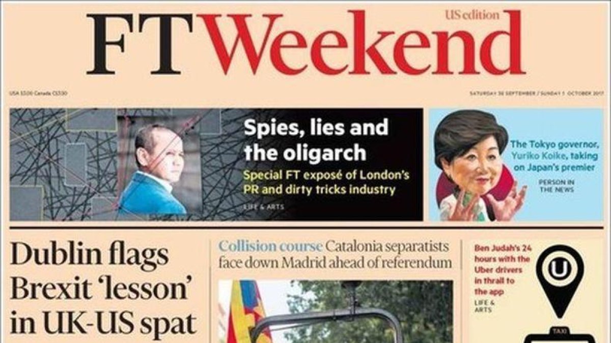 La portada de Financial Times de este sábado, con foto dedicada al referéndum catalán-EL PERIÓDICO