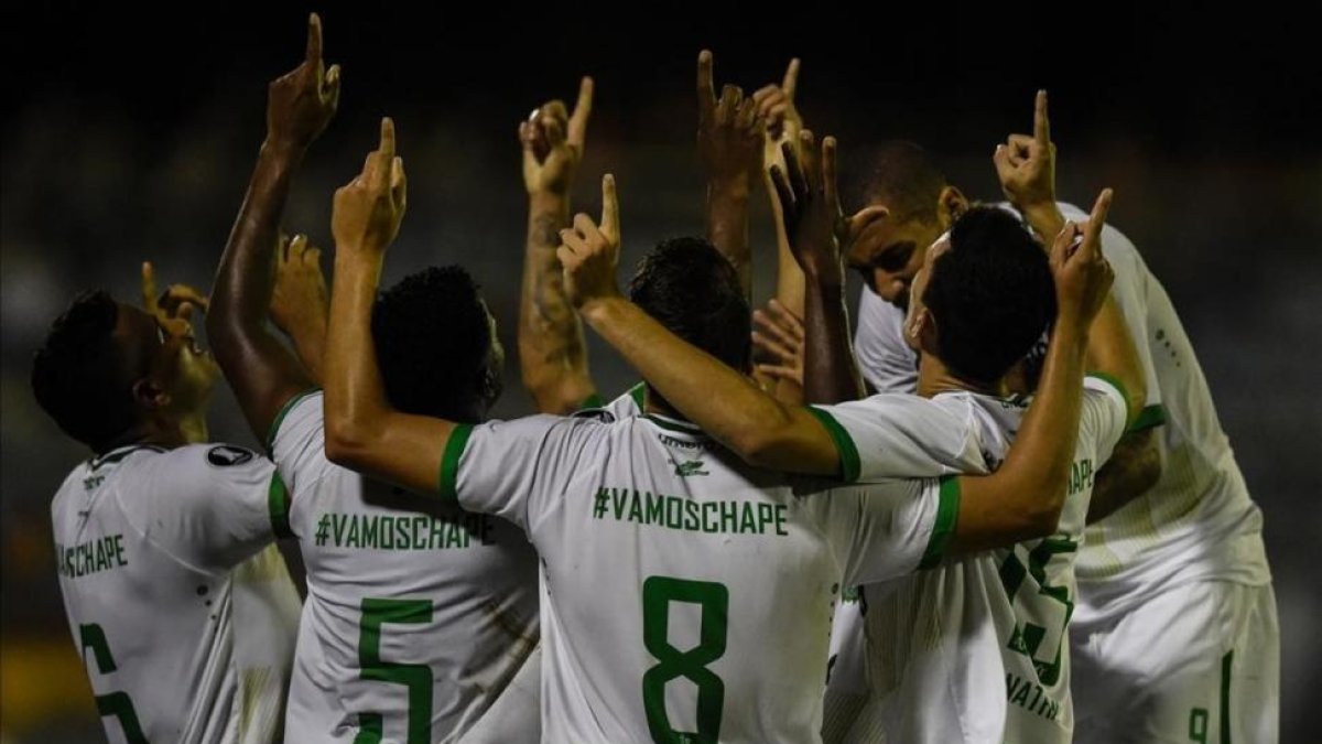 Los jugadores del Chapecoense celebran un gol en la Copa Libertadores.-AFP / JUAN BARRETO