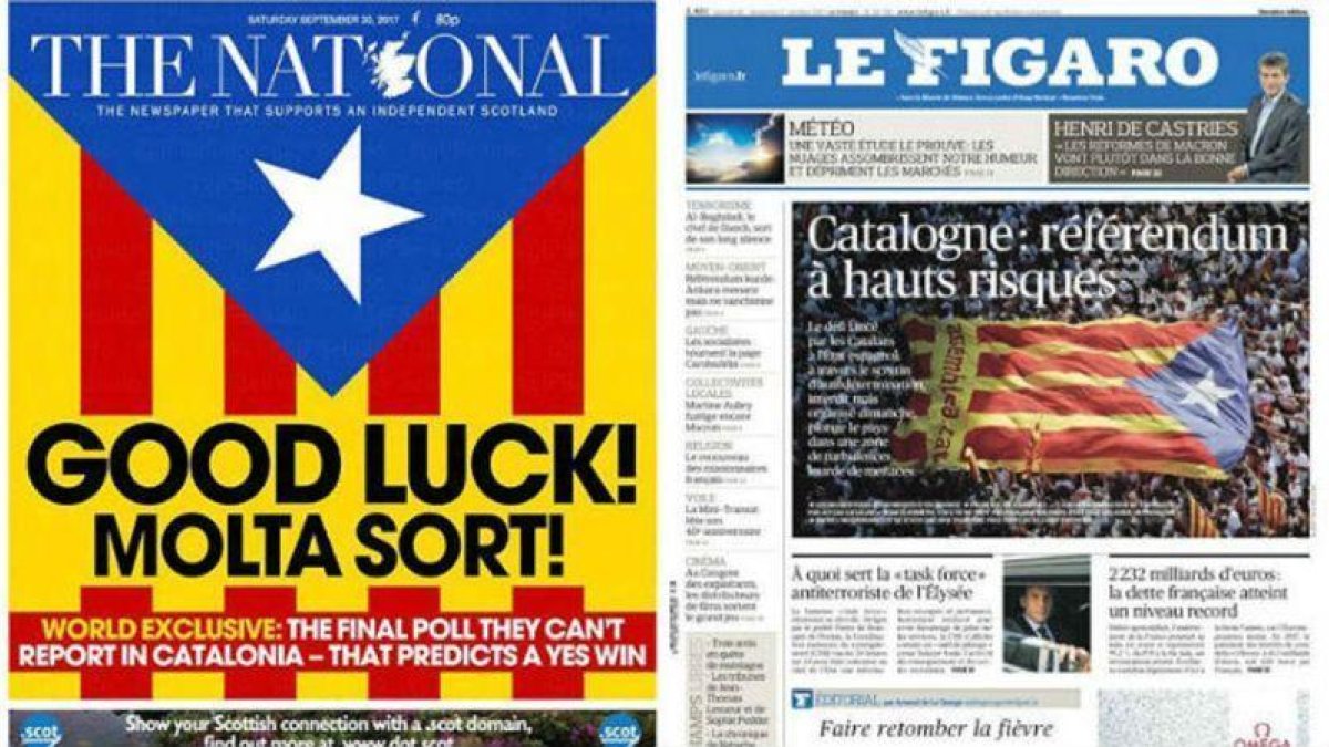 Las portadas del escocés The National y del francés Le Figaro, de este sábado.-EL PERIÓDICO