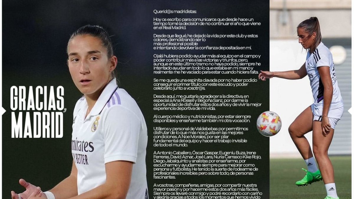 carta de despedida de Lucía Rodríguez del Real Madrid tras dos temporadas de blanco.