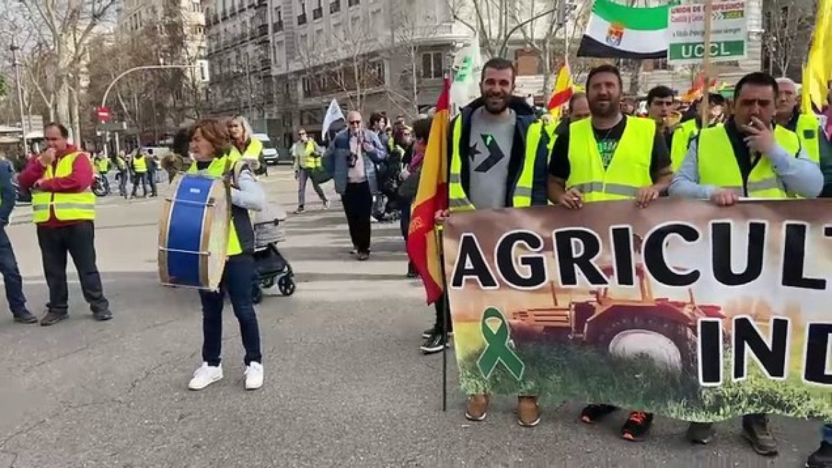 Una delegación de agricultores y ganaderos de Soria ya protesta en Madrid por la manifestación del sector. Se unirán a profesionales de numerosos puntos de España que se dirigen hacia la capital de España, algunos en columnas de tractores, para reclamar al Ministerio de Agricultura menos trabas para ejercer sus profesiones. Por el momento, silbatos, bombos y pancartas ya se han dejado ver en puntos tan emblemáticos como la Puerta de Alcalá.