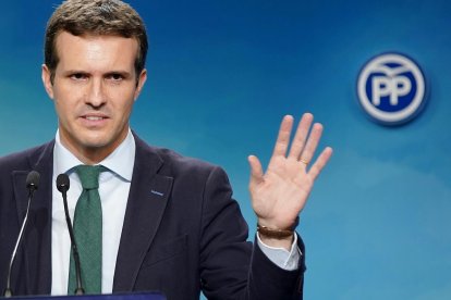 Rueda de prensa de Pablo Casado en la sede del PP. /-JOSÉ LUIS ROCA