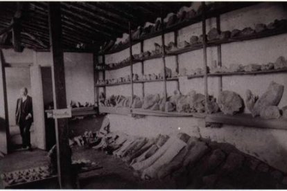 Cerralbo ante los restos procedentes del yacimiento de Torralba, provisionalmente, en el Palacio de Santa maría de Huerta. PH.P. tomo I, lám. XXVI Archivo Museo Cerralbo