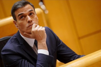 El presidente del Gobierno, Pedro Sánchez, en una comparecencia en la Moncloa.-DAVID CASTRO