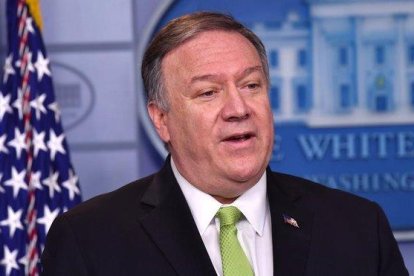 El secretario de Estado de EEUU, Mike Pompeo, durante la rueda de prensa que ha ofrecido este viernes en la Casa Blanca.-NICHOLAS KAMM (AFP)