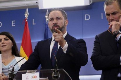 Santiago Abascal, en una rueda de prensa de Vox en el Congreso de los Diputados.-DAVID CASTRO