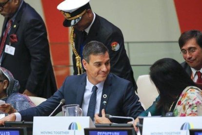 El presidente del Gobierno espanol  Pedro Sanchez durante su participacion en la reunion de alto nivel sobre Cobertura Sanitaria Universal, este lunes en Nueva York.-EFE/ EDUARDO MUÑOZ