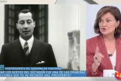 La vicepresidenta del Gobierno en funciones, Carmen Calvo, durante su intervención sobre Primo de Rivera en ’Los desayunos de TVE, este lunes.-RTVE