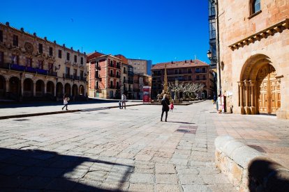 Calles comerciales de Soria a mediodía semivacías y con la mayoría de establecimientos hosteleros cerrados por la crisis del coronavirus. - ICAL