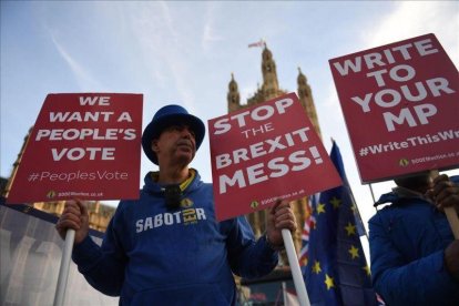 Un manifestante a favor de la UE pide una nueva votación sobre el brexit.-EFE / ANDY RAIN