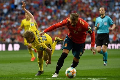 Sergio Ramos, durante el choque del Bernabéu.-AFP / PIERRE-PHILIPPE MARCOU