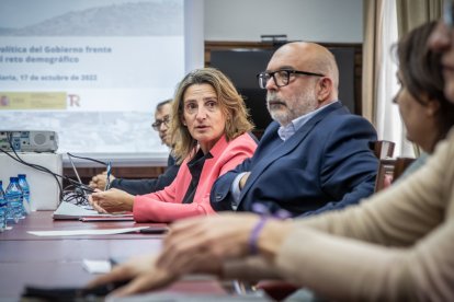 La ministra junto al subdelegado en la reunión mantenida ayer con los alcaldes. GONZALO MONTESEGURO