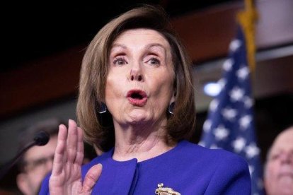 La presidenta de la Cámara de Representantes, Nancy Pelosi, durante el anuncio del acuerdo comercial entre EEUU, Canadá y México.-EFE / MICHAEL REYNOLDS