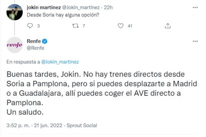 Tweet en el que se pregunta por el servicio entre Soria y Pamplona y se sugiere una 'vuelta' de cerca de 500 kilómetros. HDS