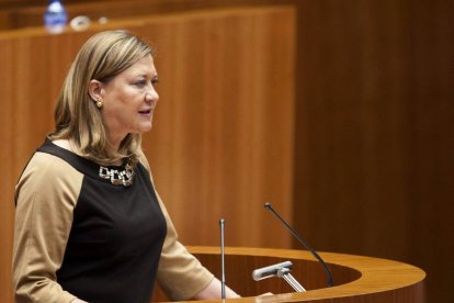 La consejera de Hacienda, Pilar del Olmo, durante su intervención en el pleno de las Cortes-Efe