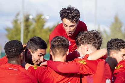 El Numancia B celebra un gol en su último partido. MARIO TEJEDOR