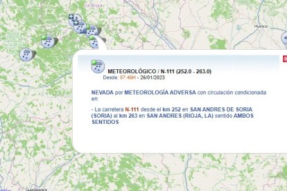 Aviso de la DGT por nieve en la N-111 en el puerto de Piqueras, entre Soria y La Rioja. HDS