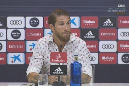 Sergio Ramos durante la comparecencia.-REAL MADRID